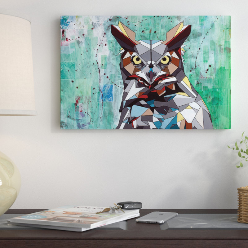 «Owl» par DAAS, impression sur toile tendue, H 26 po x l 40 po x P 1,5 po, Papier beaux-arts encadré noir, Pas de tapis