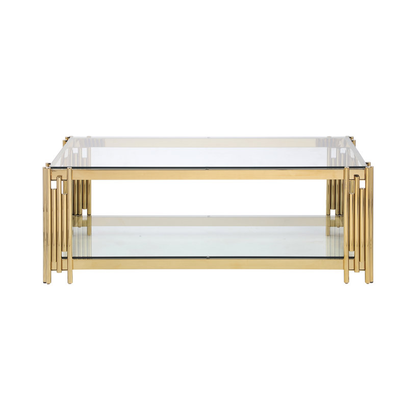 Table basse de 48 po de largeur avec plateau en verre, acier inoxydable doré, table de salon et verre en acier élégant
