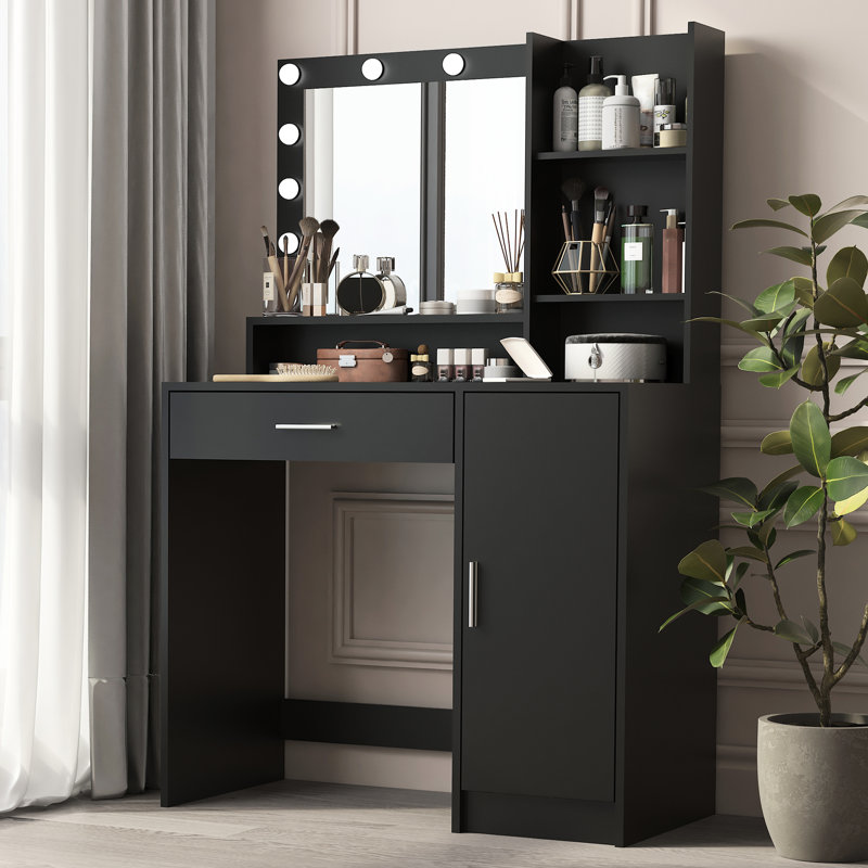 Bureau de meuble-lavabo pour chambre à coucher avec miroir, 12 lumières à DEL, 3 modes d'éclairage, rangement à trois niveaux, tiroir en bois et panneau de particules avec structure d'armoire