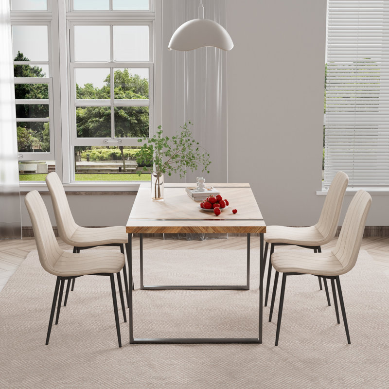 Dining Set, 59'' Rectangular Dining Room Table Set Upholstered Dining Chairs, Cream