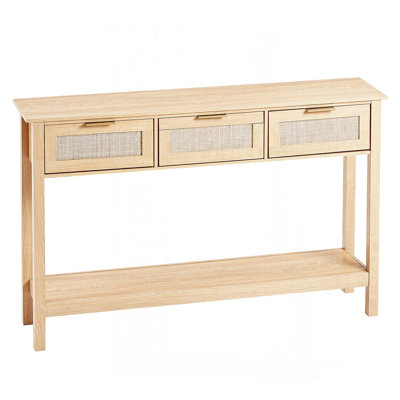 Rattan Console Table with 3 Storage Drawers, Rattan Entryway Table with Natural Rattan Sliding Door, Console Sofa Table for Living Room, Study, Entryway Or TV Wall, Natural