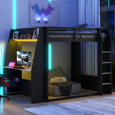Queen Size Wooden Gaming Bunk Bed with Desk,Two Storage Shelves,USB and LED Light,Black+Gray