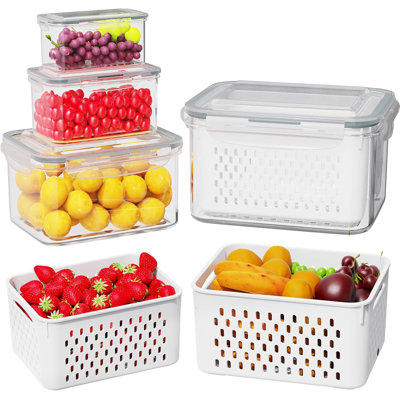 4 Pcs Fruit Storage Containers for Fridge (with Drain Basket) - Leak-Proof Food Containers