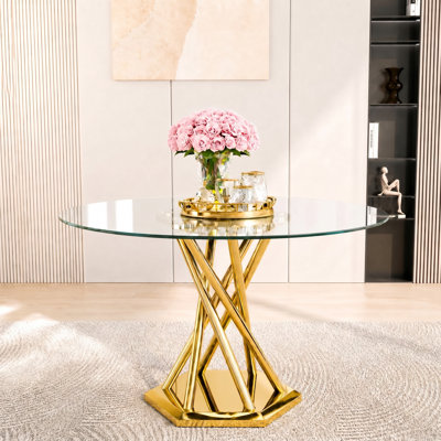 47.2" Modern Round Glass Dining Table, Tempered Glass Table with Gloss Stainless Legs
