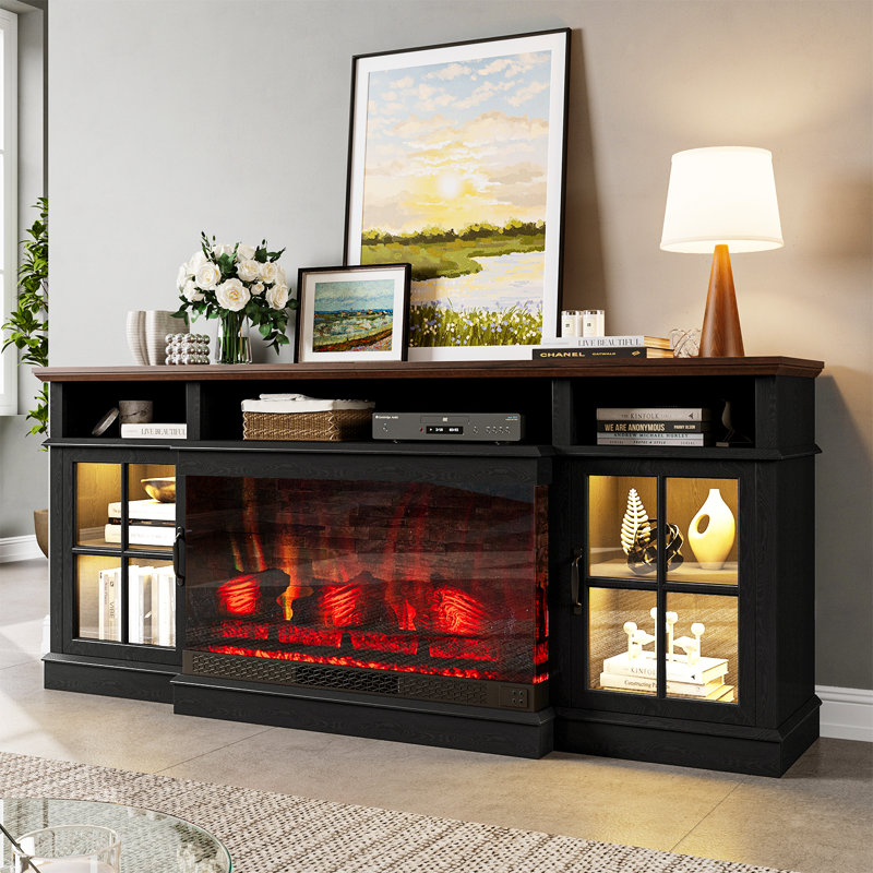 Meuble télé 70 po avec foyer électrique 36 po, lumières DEL dynamiques, armoire en verre et grand rangement, Noir