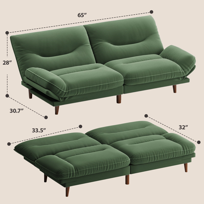 65 po FUTON et lit FUTON, Velours côtelé vert