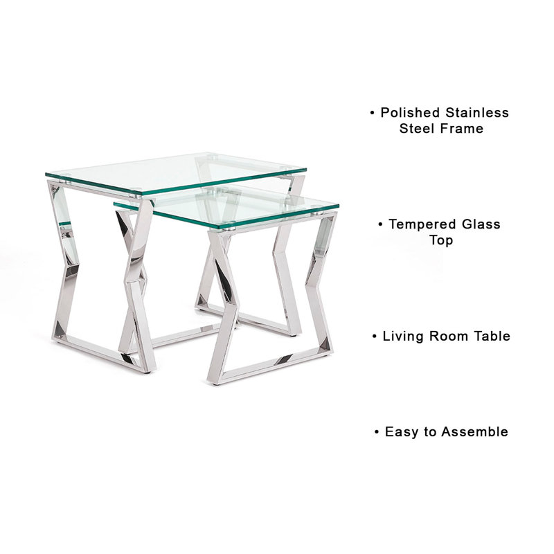 Tables gigognes à plateau en verre Lalma, Argent, H 22 po x l 18 po x P 16 po