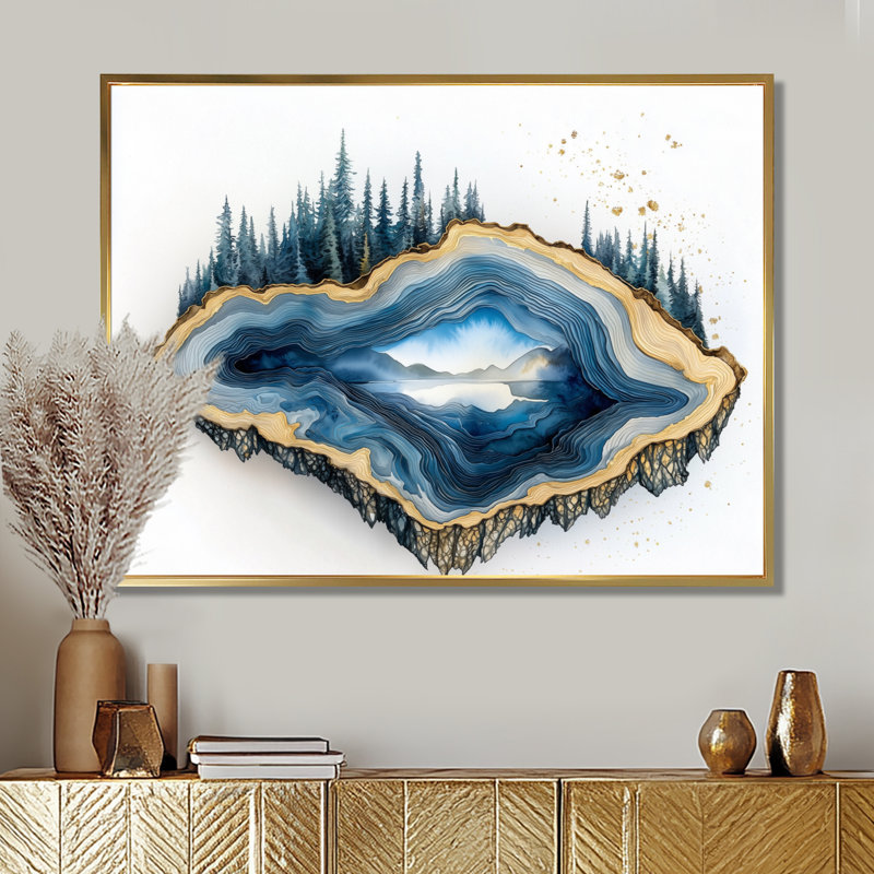 «Forest Geode and Wood Slide Spiral» - art mural cristaux, H 12 po x l 20 po, Avec cadre, Doré