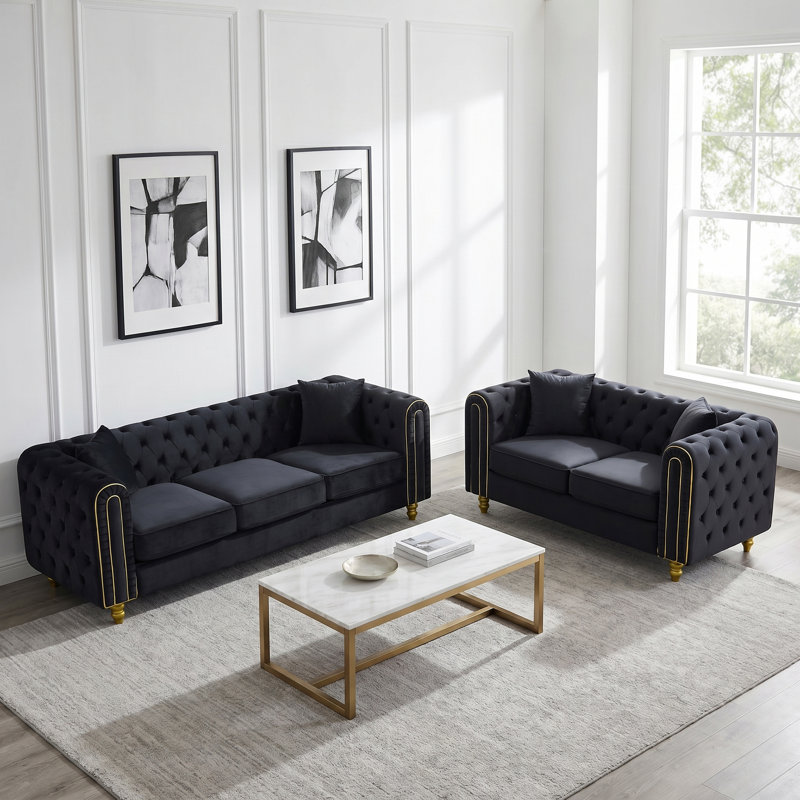 Canapé Chesterfield Averleigh, Velours noir