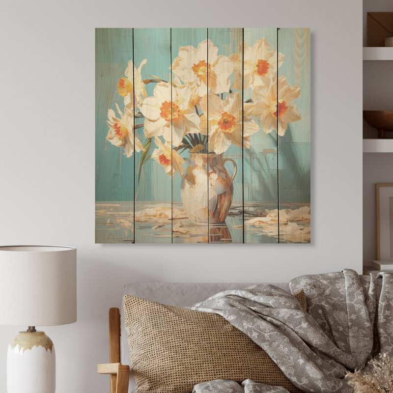 Daffodils Bloom with Fierce Brushwork I - Art mural en bois jonquilles sur bois de pin naturel, H 36 po x l 36 po