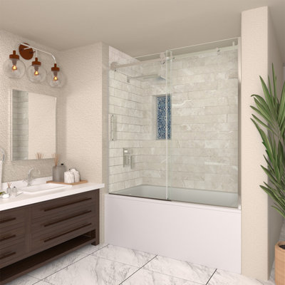60 po X P 60 po Porte de baignoire semi-sans cadre coulissante en H avec verre transparent