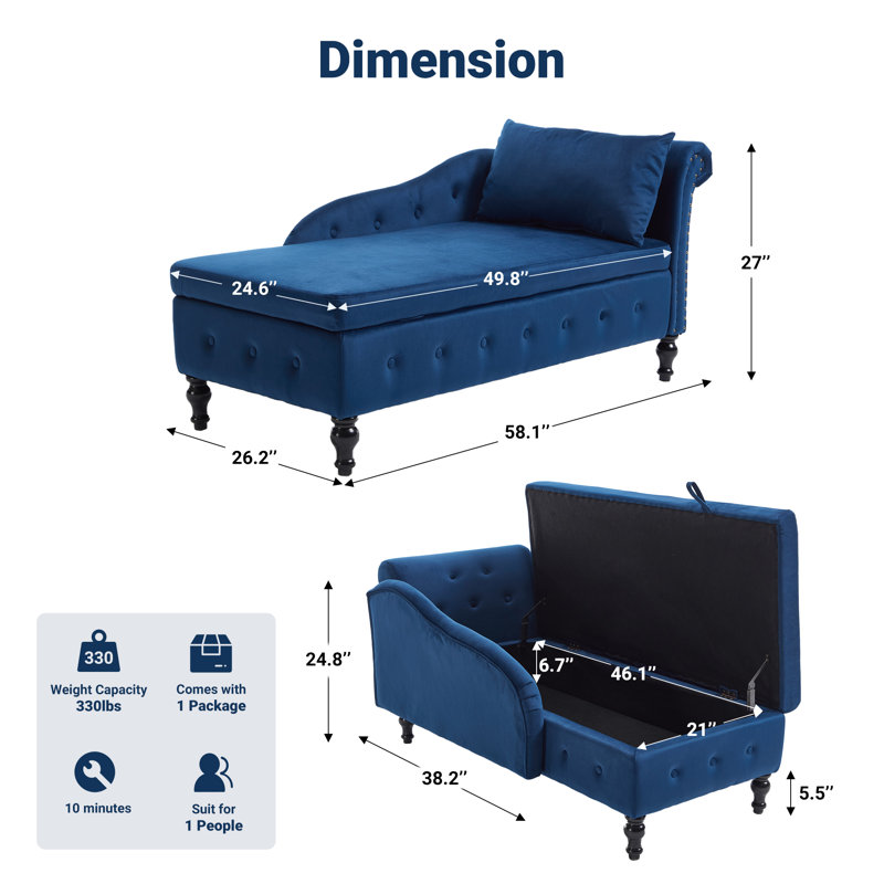 Chaise longue de rangement en velours Eastham, Bleu, Orienté vers la gauche