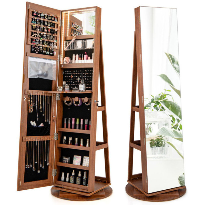 Armoire à bijoux pivotante à 360 ° 3 modes DEL verrouillables, Marron foncé