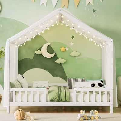 Lit sur pied avec auvent Montessori, cadre de lit double pour enfants, cadre de lit pour tout-petit en forme de maison avec rampes hautes, lit en bois pour enfants avec toit, lit double pour enfants, blanc