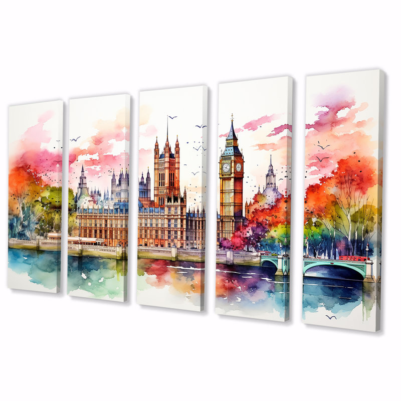 Ensemble de 5 décorations murales Big Ben London Skylines At Sunset II - London, H 32 po x l 80 po