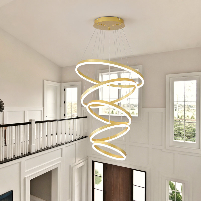 Modern LED Ring Chandelier, 5-Ring Gold Chandelier for High Ceilings, Dimmable Foyer Staircase Pendant Light for Living Room Entryway
