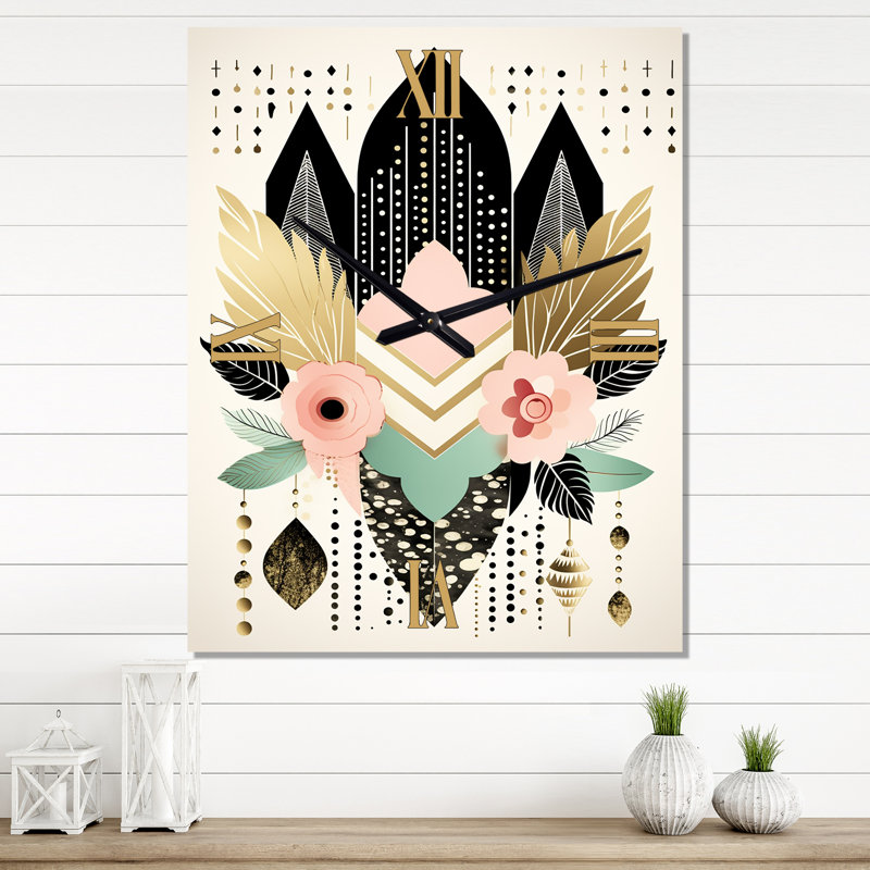 Boho chic, floral, géométrique, rétro, illustration, IV - abstrait, horloge murale moderne, H 28 po x l 12 po x P 1 po