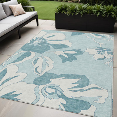 Tapis bleu sarcelle à motif floral turquoise et ivoire 5 pi x 8 pi