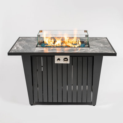 42" Propane Gas Fire Pit Table, 50000 BTU Rectangular Steel With Glass Wind Guard For Patio And Garden