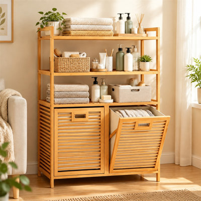 Armoire à linge basculante en bambou naturel avec 2 paniers amovibles en tissu de 26,5 litres, étagères de rangement ouvertes, trieur à linge ventilé et anti-basculement pour salle de bain, chambre ou buanderie.