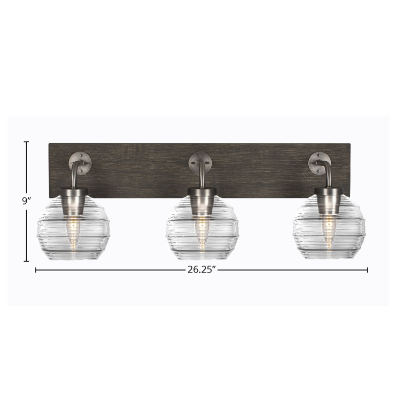 Oxbridge 3 Light Bath Bar - look Metal Finish With 6" Ribbed Glass, Graphite/Distressed Wood, Clear Seeded