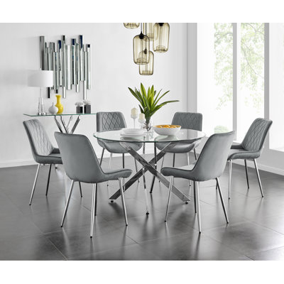 Tierra Modern Chrome Metal & Glass Round Dining Table Set with 6 Luxury Faux Leather Chairs