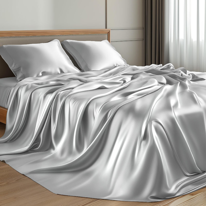 Bedsure Satin Sheets Twin Size–3 Piece Silky Bed Set, 15" Deep Pocket Fitted Sheet, Flat Sheet & 1 Pillowcases, Buttery-Smooth, Good for Hair & Skin (Silver Gray)