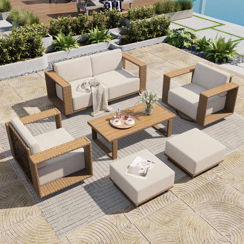 6 - Person Outdoor Wicker Patio Conversation Furniture Set With Table,Swivel Chairs And Ottomans