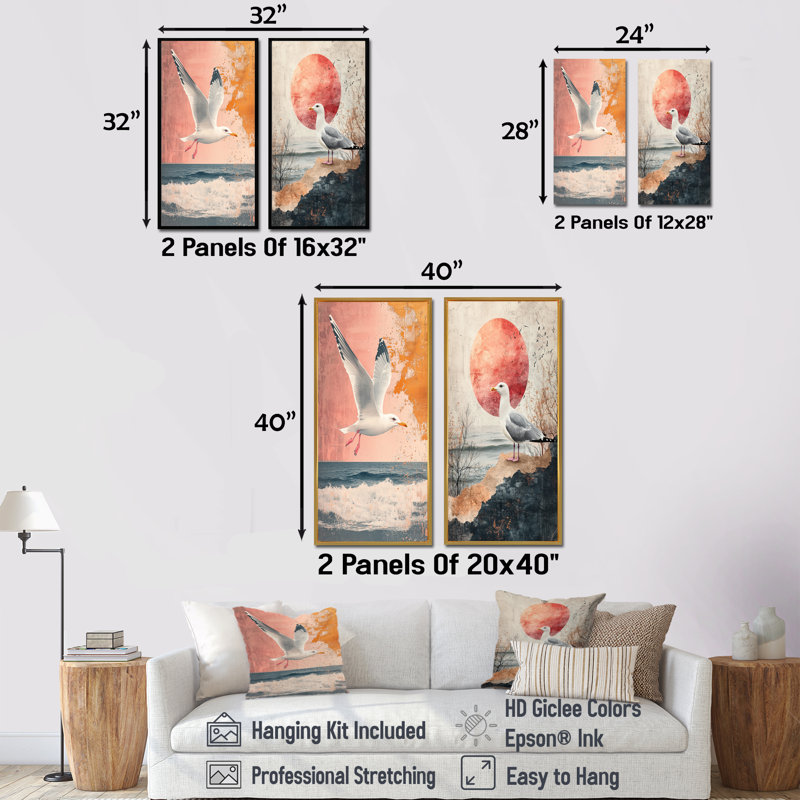 «Coastal Seagull Golden Rose Sunset Elegance I», art sur toile 2 panneaux, H 28 po x l 25 po, Encadrement argenté