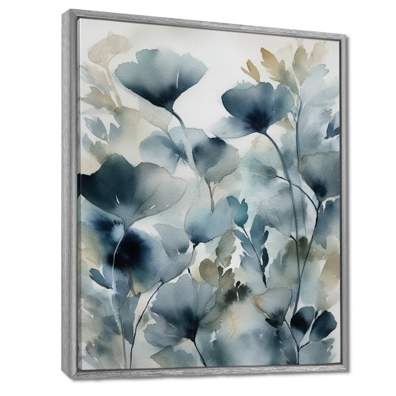 «Blue Leaf Foliage And Flowers II», reproduction sur toile, H 20 po x l 12 po, Encadrement argenté