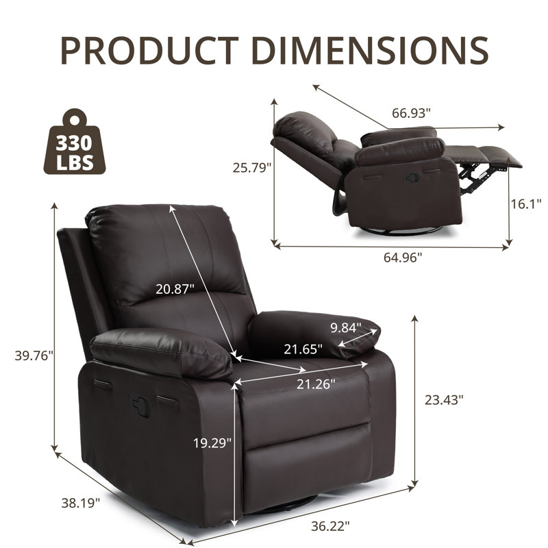 36.22" Faux Leather Manual Swivel Rocker Recliner, Chocolate