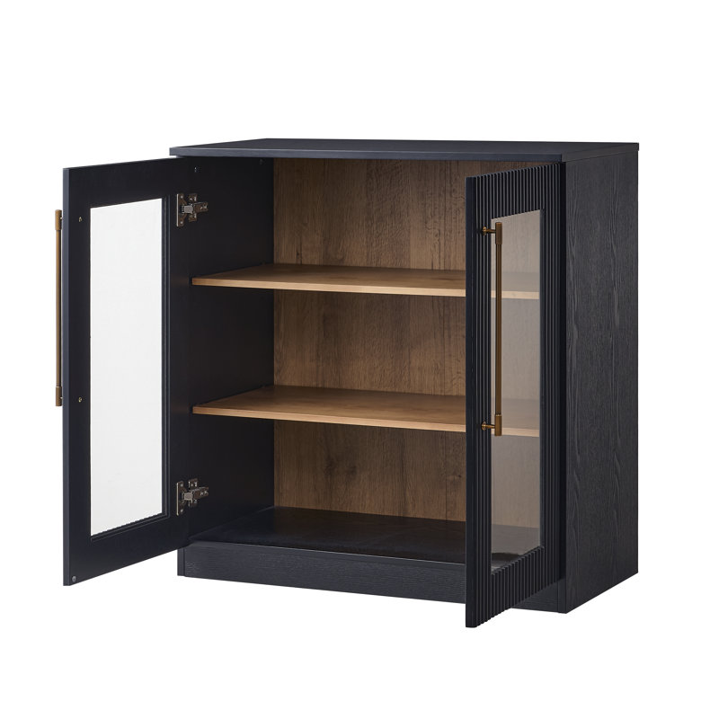 93" Modern Black 3-Piece Sideboard Set – Glass Door Cabinet & Arched Fluted Cabinets With Brass Knurled Handles, Ash Veneer – Living & Dining Room