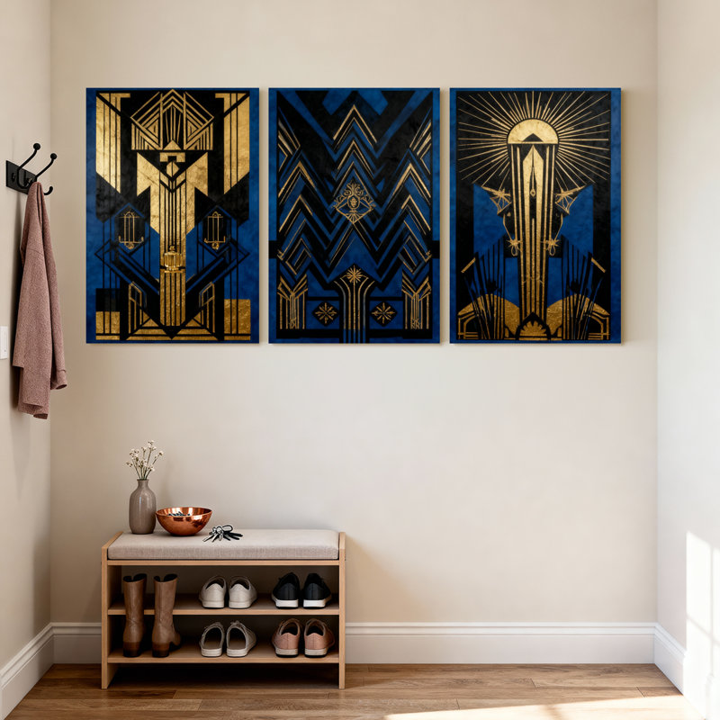 Abstrait art déco géométrique bleu et or, ensemble de 3 impressions murales sur toile, H 18 po x l 36 po