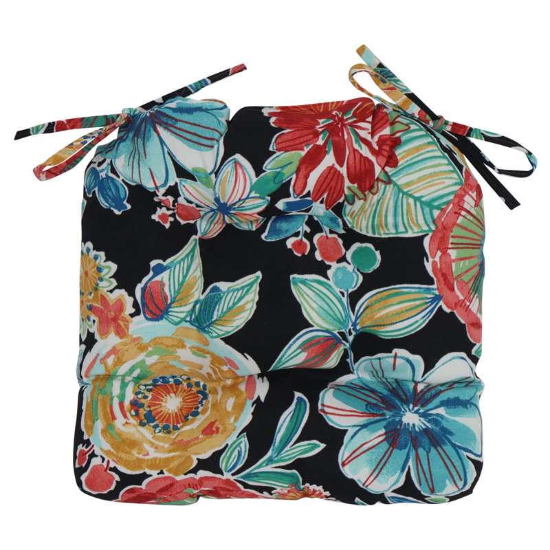 16-Inch Rounded Back Outdoor Tufted Chair Cushions (Set Of 4), Black/Colsen Noir Floral