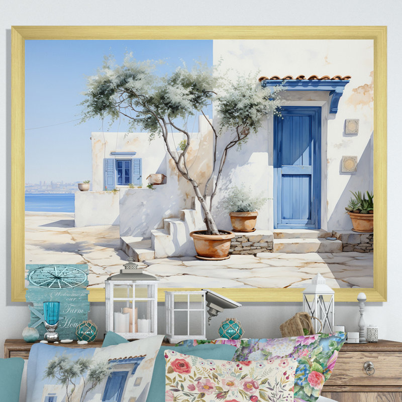 Welke, Grèce, Cycladic Harmony II - Grèce, art mural, H 16 po x l 32 po x P 1 po, Cadre doré simple