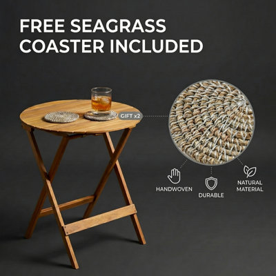 3-Piece Folding Acacia Wood Bistro Set with Teak-Look Finish and Sand Wicker, Patio Set with 2 Chairs and Round Table for Balcony, Garden, Deck, Space-Saving Design