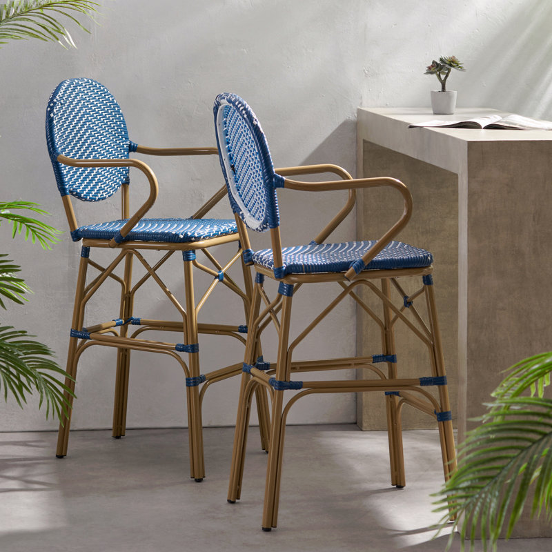 Ensemble de 2 tabourets de bar d'extérieur, osier en polyéthylène et aluminium de style français 29,5 po