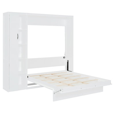 Full Size Murphy Bed Wall Bed with Shelves, Wardrobe and LED Lights