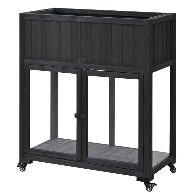 Patio 35.4''X17.7''X37.4'' Mini Wood Cold Frame, Compact 2 Doors Garden Greenhouse With Wheels, Raised Bed With Liner For Indoor Outdoor Use