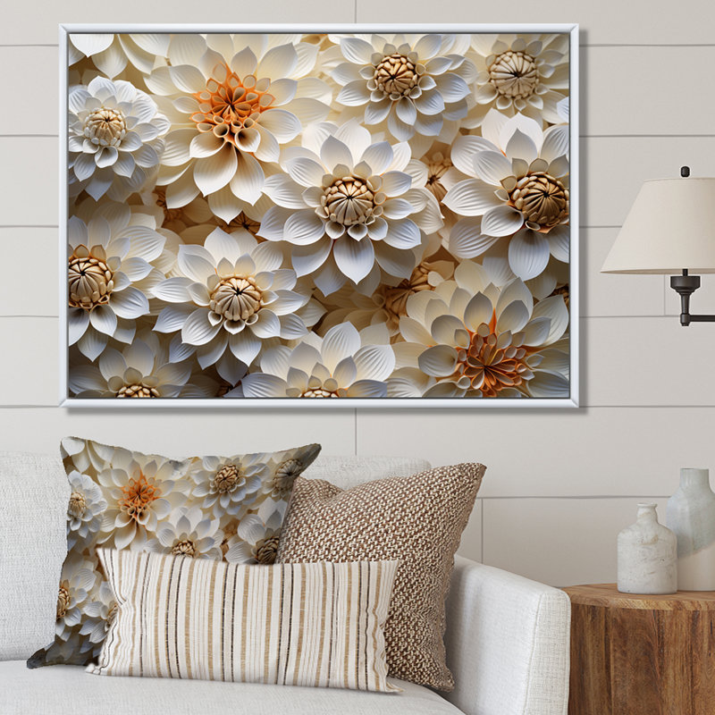«Vibrant White Zinnias Collage I» sur toile, Cadre flottant blanc, H 16 po x l 32 po