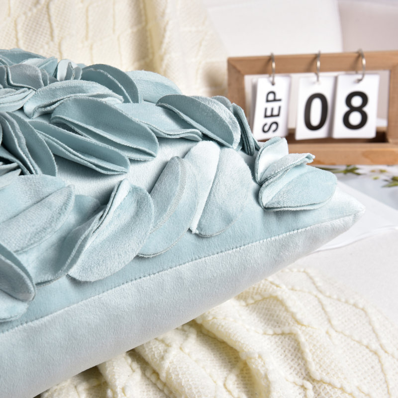 3D Floral Decorative Velvet Polyester Fiber Fill Indoor Throw Pillow Cover With Insert Set (Set Of 2), Aqua