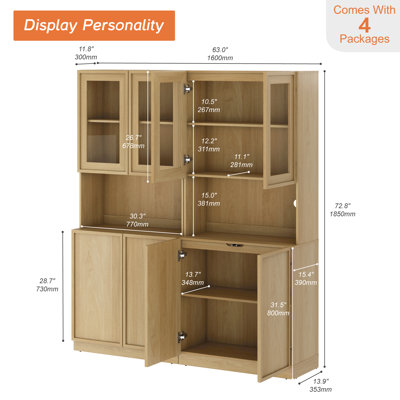 Modern 72" Tall Bookshelf with Glass Doors & Adjustable Shelves, Library Bookcase with Closed Storage Cabinet and Glass Display Shelves, Wooden Bookca