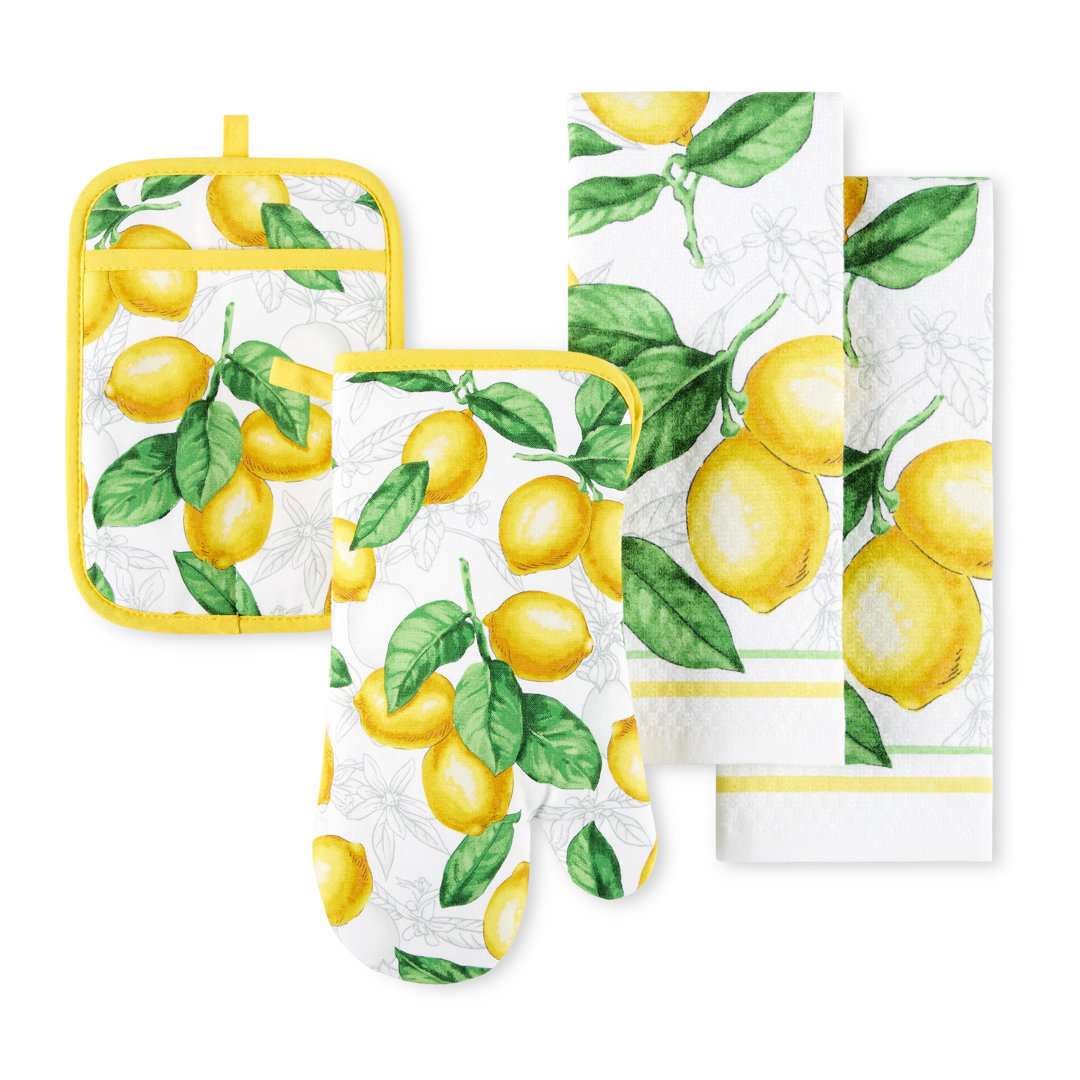 Martha Stewart Lots Of Lemons Modern Kitchen Towel, Oven Mitt & Potholder Set 4-Pack, White-Yellow Martha Stewart