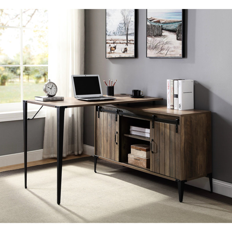 Bureau rustique en chêne de 122 cm (48 po), accents noirs, finition grise élégante, idéal pour la maison et le bureau, espace généreux pour les jambes.