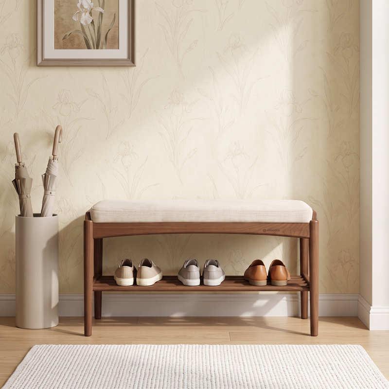 Banc à chaussures rembourré en chêne massif, H 16,53 po x l 23,62 po x P 11,8 po, Chêne naturel / beige