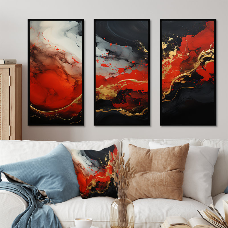 Rouge et or feu de marbre II - art mural abstrait, Cadre flottant noir, H 32 po x l 48 po x P 1 po