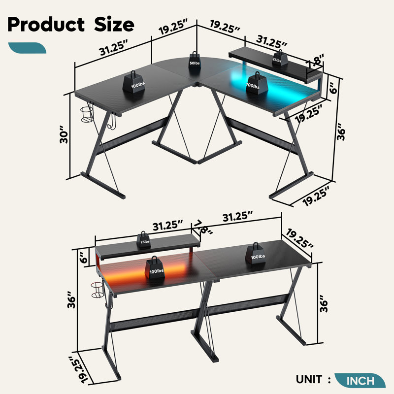 L-Shape Computer Desk, Black, 91.4 x 128.3 x 128.3, Fiber Black