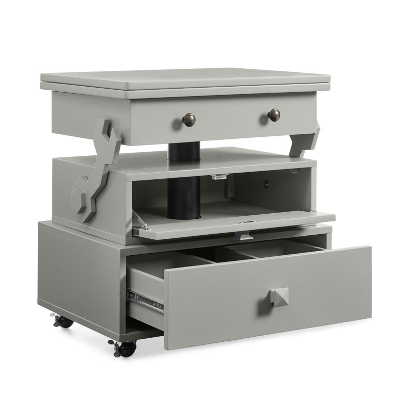 Table de bout roulante à hauteur ajustable laquée ultrabrillante avec station de charge et roues universelles avec freins, table à plateau relevable multifonctionnelle avec tiroirs de rangement pour la chambre à coucher du salon