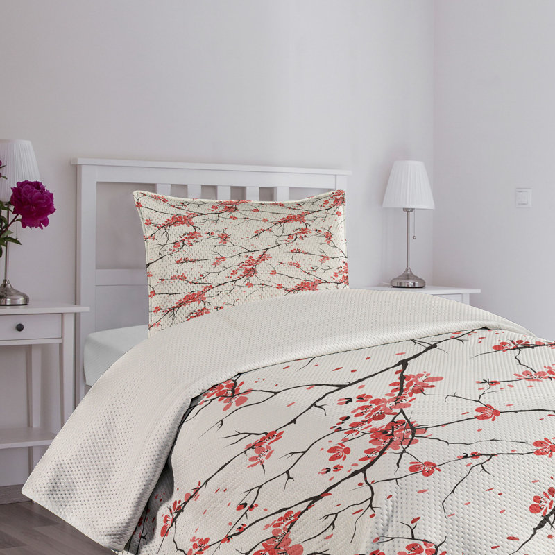 White Twin Quilted Bedspread Set with Floral Design