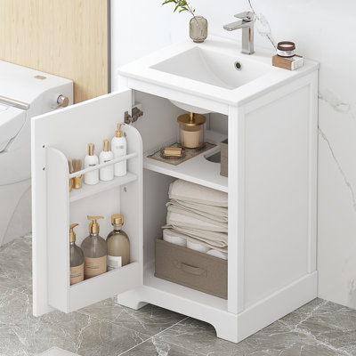 Meuble-lavabo de 50 cm (20 po) pour salle de bain avec lavabo blanc, porte à fermeture amortie, charnières en acier inoxydable, autoportant, système de porte en céramique au design moderne, tablette de rangement, tablette réglable, panneau, finition peinte
